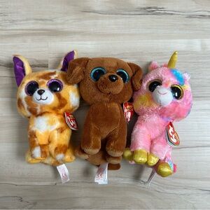 Ty Beanie Boos Lot Of 3 Pablo, Dougie, & Fantasia With Tags Unicorn Dachshund